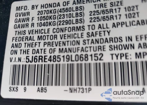 2009 Honda Cr-V Ex from USA, damaged, VIN 5J6RE48519L068152